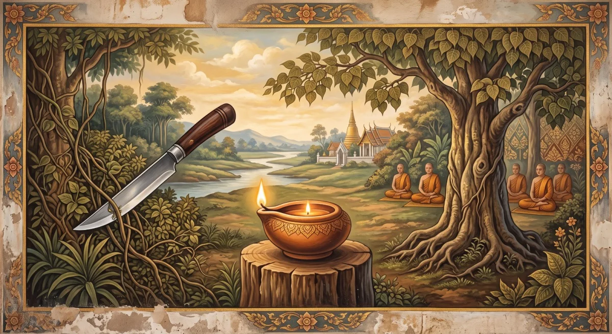 Die Unterweisung durch Nandaka: Die Lampe, der Baum und das scharfe Messer