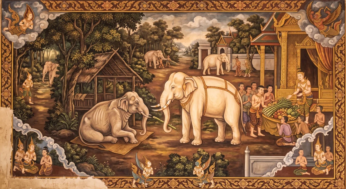 Le Jātaka de celui qui nourrit sa mère : l’éléphant qui ne pouvait manger tant que sa mère souffrait