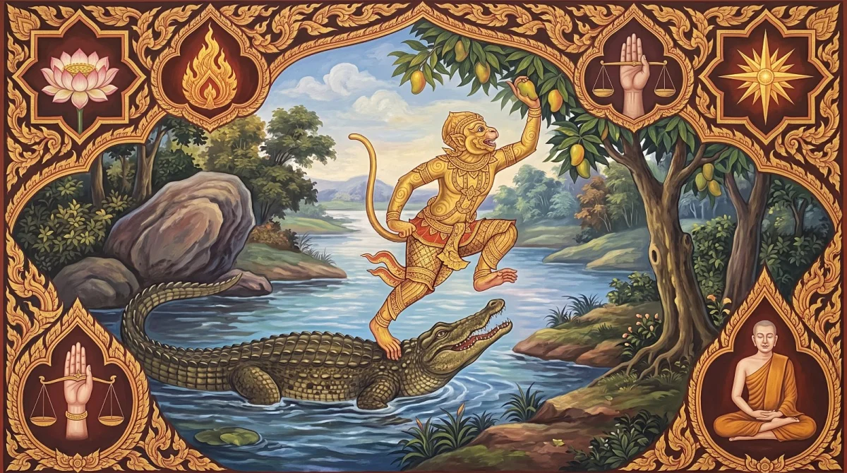 Vānarinda Jātaka: The Monkey King and the Crocodile — Four Qualities That Overcome an Enemy