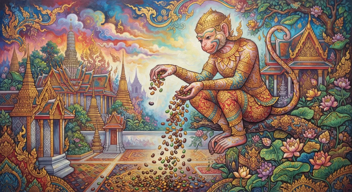 Das Jātaka von der Handvoll Erbsen: Der Affe, der für eine Erbse eine Handvoll wegwarf