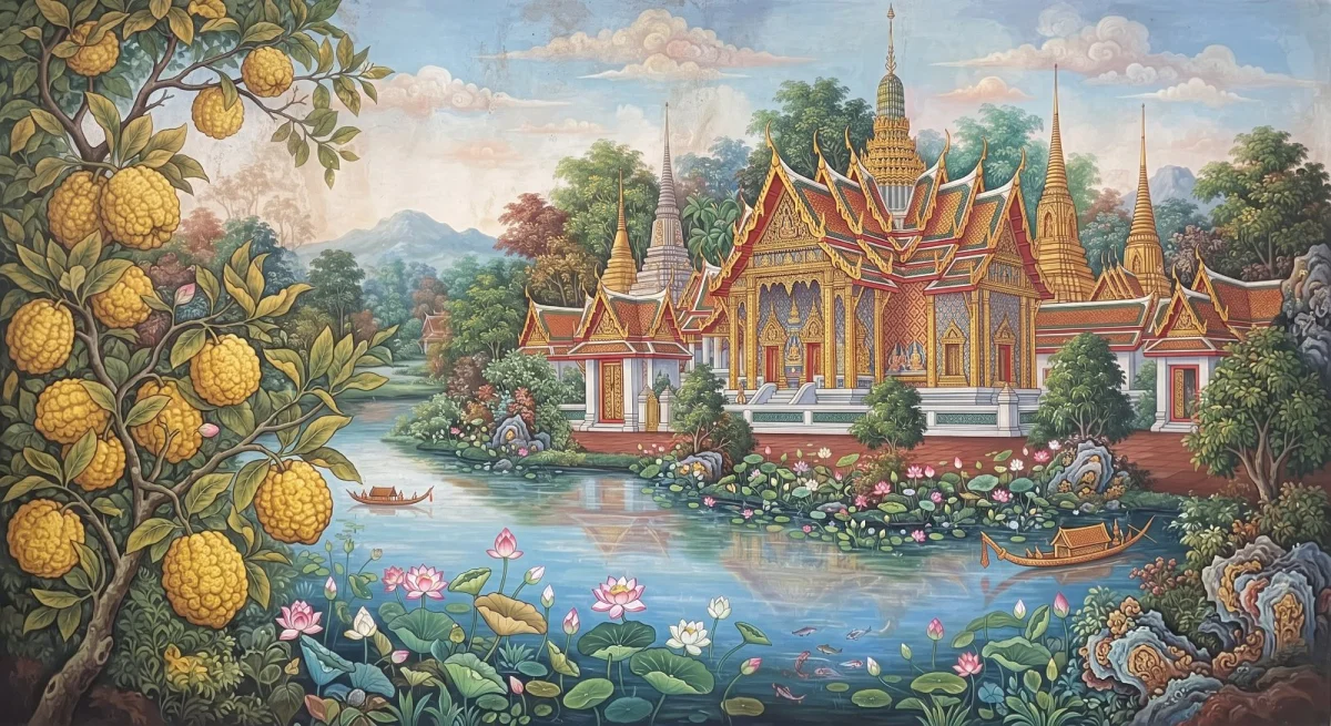 กุกกุชาดก: ยอดหลังคา ผลมะงั่ว และดอกบัว