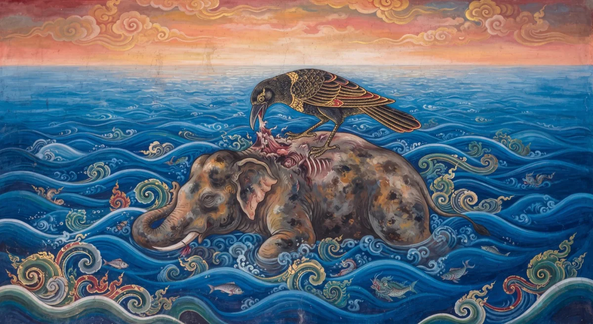 The Sonaka Jātaka: The Crow Who Feasted on an Elephant's Carcass Until It Drifted Out to Sea