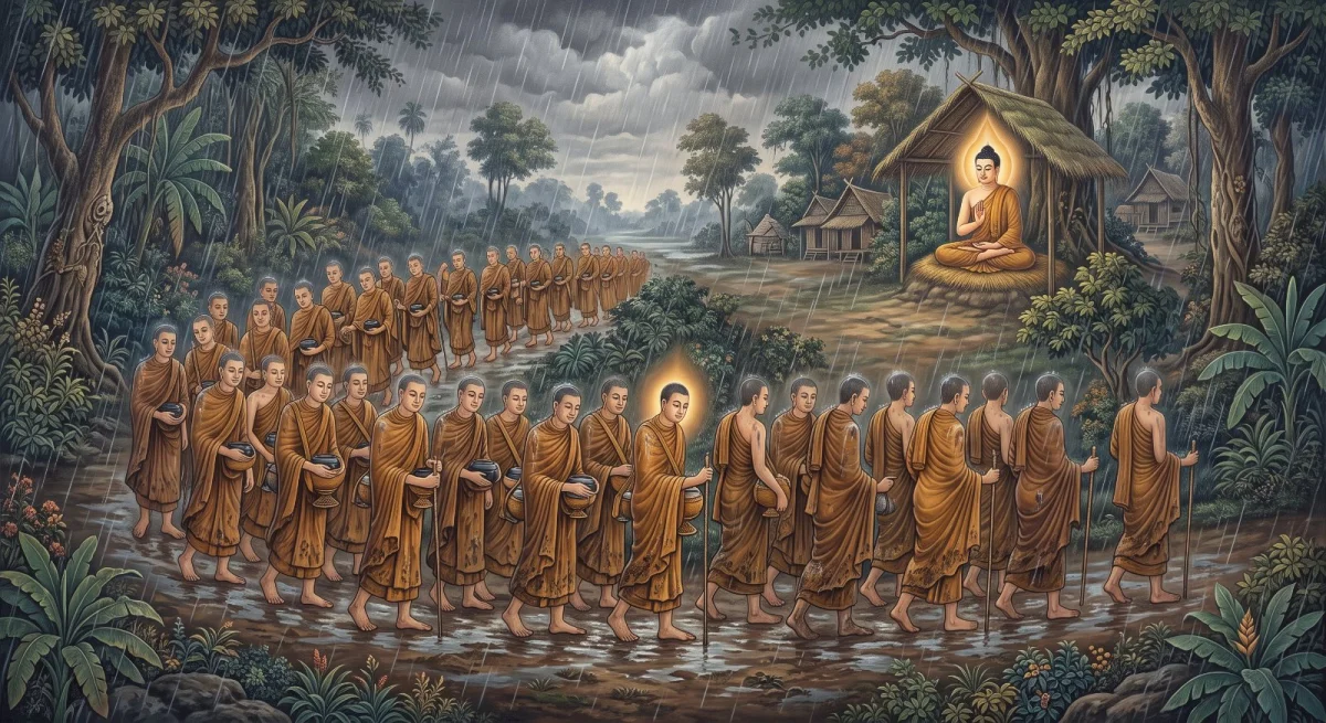 กำเนิดกฐิน: ภิกษุ ๓๐ รูปที่เดินฝ่าฝนมาเฝ้า