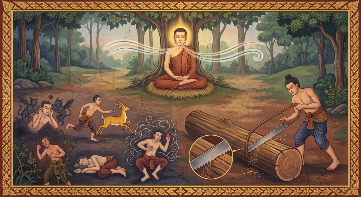 อานาปาณกถา: สิ่งที่รบกวนการดูลมหายใจ และอุปมาคนเลื่อยไม้