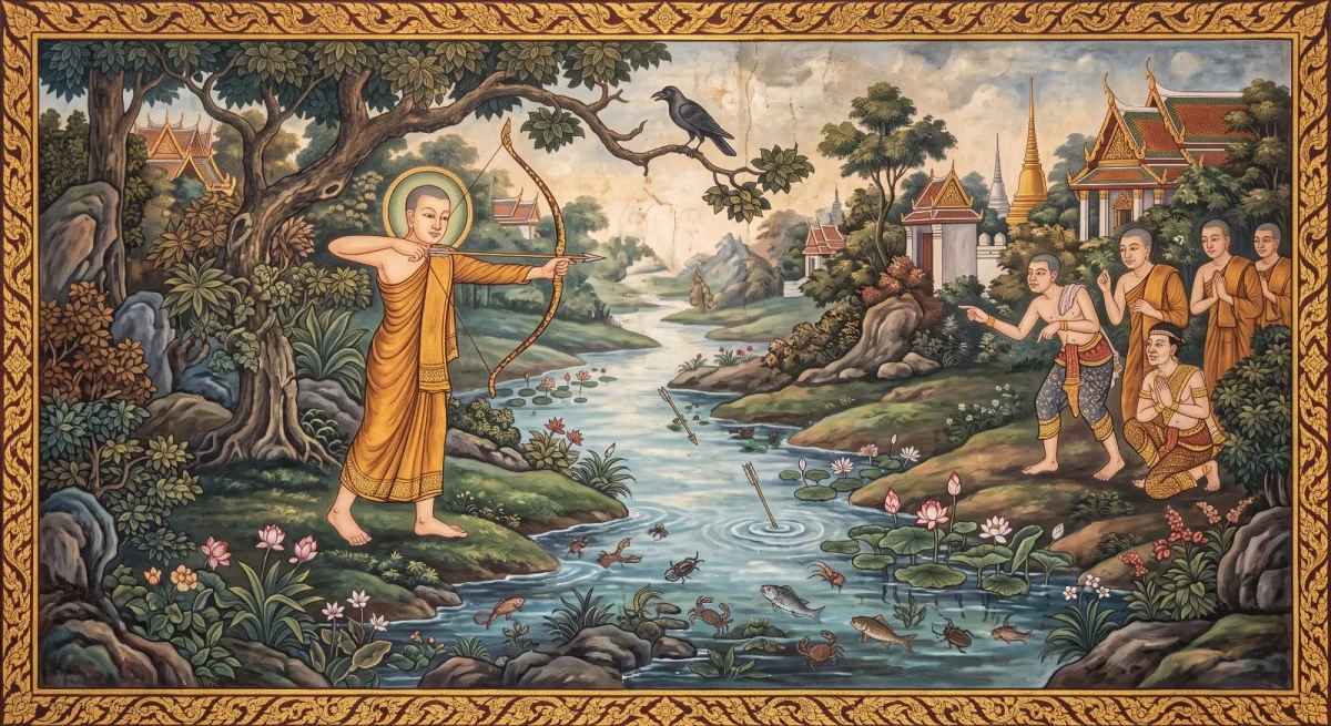 Udāyī tire sur des corbeaux, et l’eau contenant des êtres vivants : récits d’origine sur la vie des petits êtres