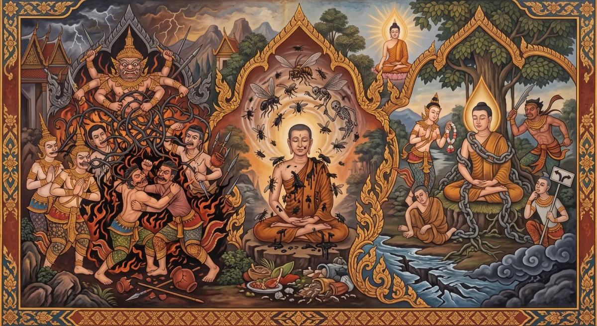 Disputes, Kaṭuviya et Anuruddha : les pensées qui déclenchent les querelles, attirent les mouches et bloquent l’esprit