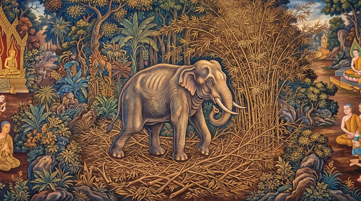 Das Dubbalakaṭṭha-Jātaka: Der Elefant, der aus Angst vor dürren Ästen dahinsiechte